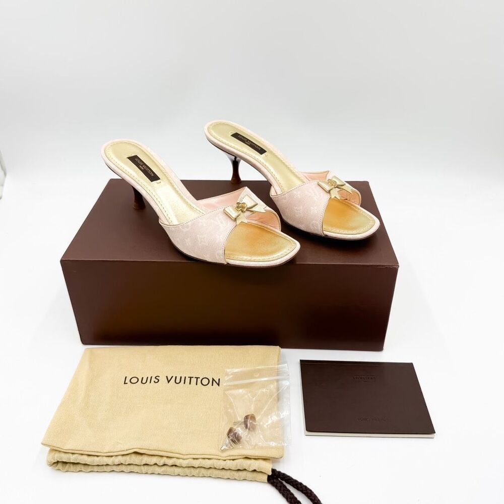 Louis Vuitton LV Monogram Mini Lin Kitten Heel Mules EU 37.5 US 7.5